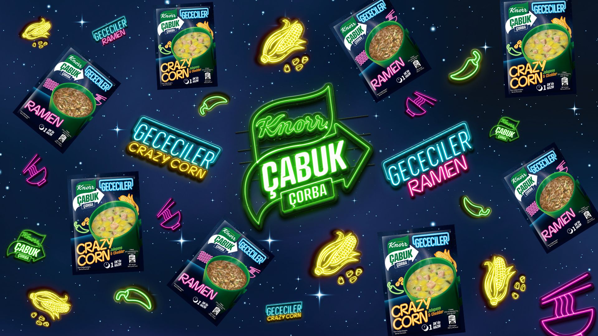 Lacivert ışıltılı bir arka plan üzerinde duran Knorr Çabuk ürünleri görüntüsü.