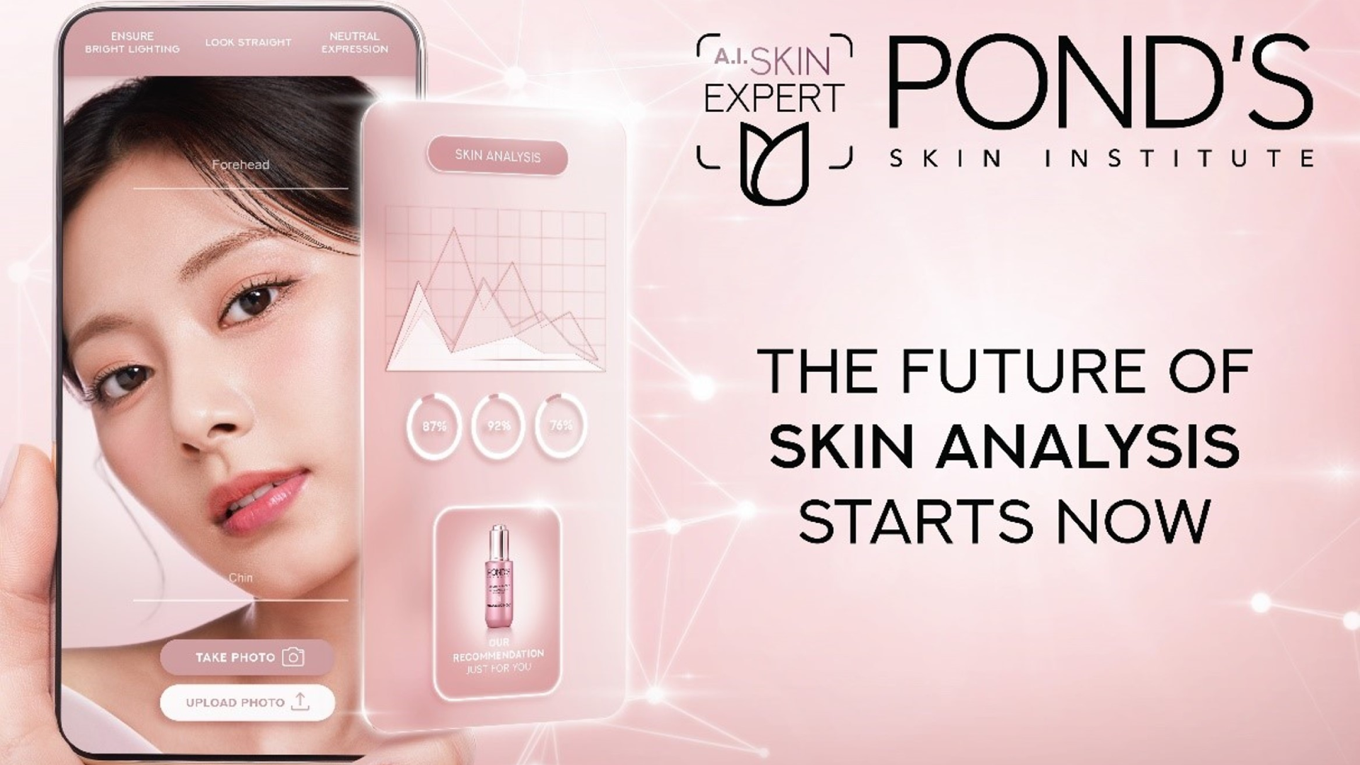 POND'S SKIN INSTITUTE'ün Yapay Zekâlı Cilt Uzmanı aracını tanıtan bir grafik. Metin şu şekildedir: "Cilt analizinin geleceği şimdi başlıyor".