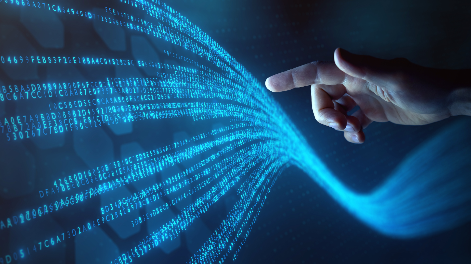 Bir el (beyaz tenli) mavi bir ekrana akan verileri işaret ediyor