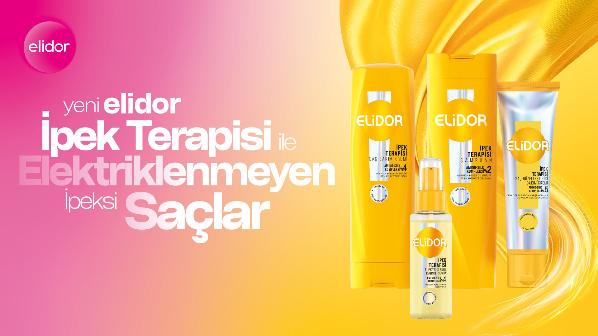 Elidor'un yeni Silk Therapy saç bakım serisinin tanıtım görseli; ürünler, saçlardaki elektriklenmeyi gidermek ve parlaklığı artırmak için tasarlanmıştır.