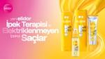 Elidor'un yeni Silk Therapy saç bakım serisinin tanıtım görseli; ürünler, saçlardaki elektriklenmeyi gidermek ve parlaklığı artırmak için tasarlanmıştır.