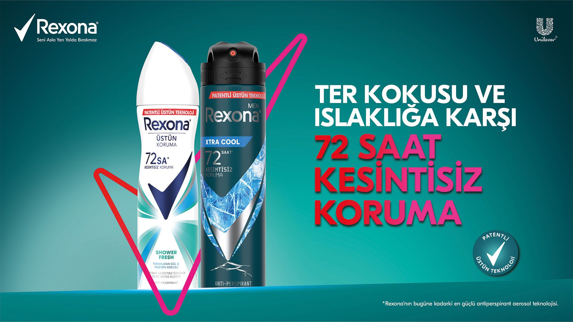 Sol üstte Rexona'nın "Seni Asla Yarı Yolda Bırakmaz" sologanı ile logo bulunuyor. Ortada bir kadın bir erkek aerosol ürünü birlikte ve içinden Rexona tiki gözüküyor.