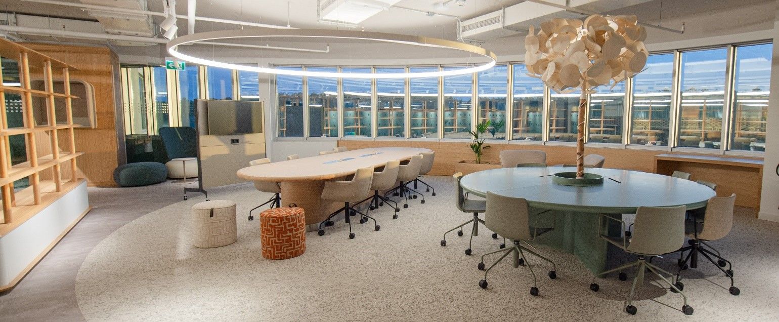 İlk resimde, sağda yuvarlak solda ise dikdörtgen bir çalışma masası ile etrafında sandalyeler bulunmaktadır. 