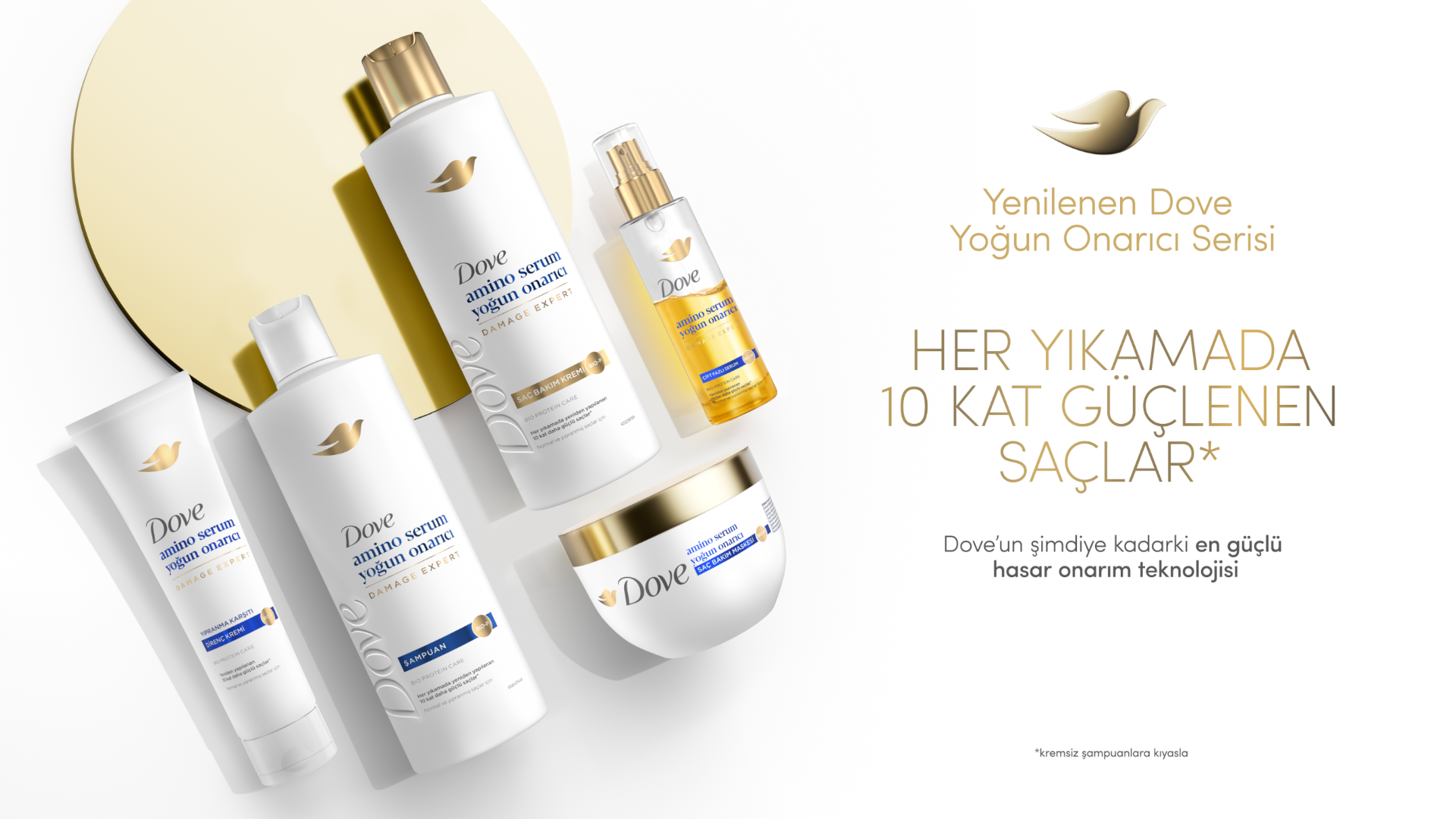 Beyaz zemin üzerinde Dove Amino Serum Yopun Onarıcı Bakım Serisi görünür. "Yenilenen Dove Yoğun Onarıcı Serisi her yıkamada 10 kat güçlenen saçlar" sloganı yer alır.