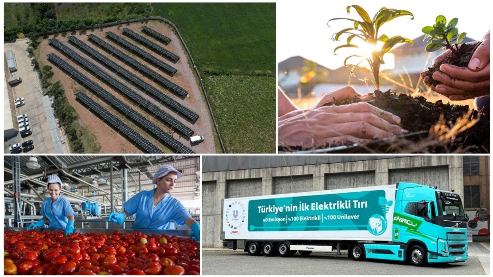 Sol üstte güneş panelleri olan bir tarla; sağ üstte iki insanın avuçlarında toprakla beraber avuçlanmış bitkiler; sol altta fabrikada üretim hattında domates ayıklayan iki kadın işçi; sağ altta üzerinde Türkiye'nin ilk elektrikli tırı yazan turkuvaz renkli r tır görülüyor.