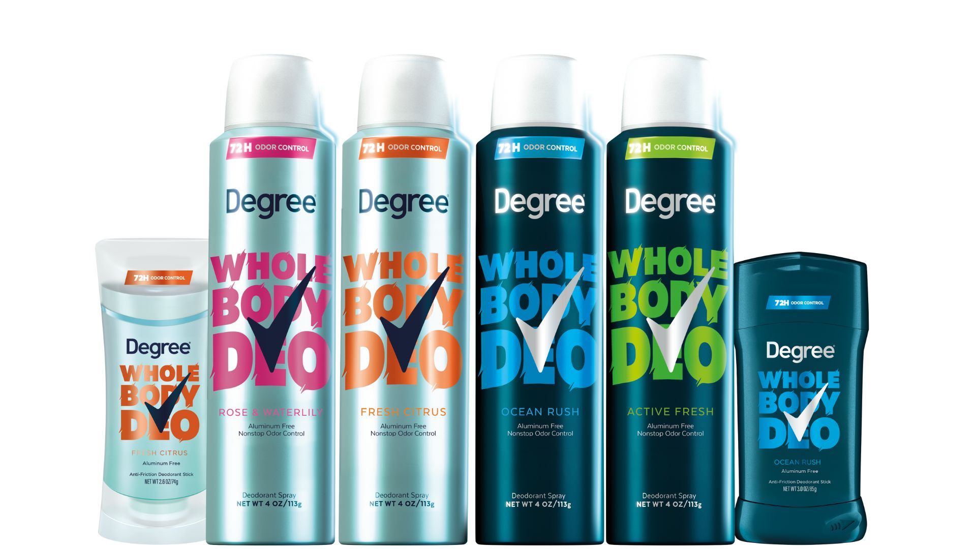 Degree’s Whole Body Deo yelpazesinden ürünler, sprey ve mum deodorantlar dahil; mavi ambalajlı ve renkli markalı.