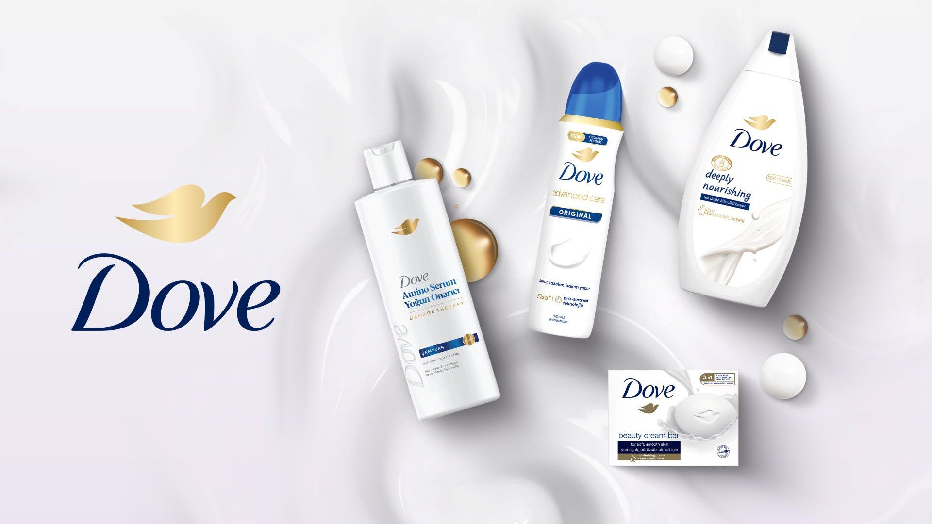 Dove cilt bakım ürünleri; şampuan, vücut yıkama jeli, deodorant ve güzellik kremi sabunundan oluşmaktadır.