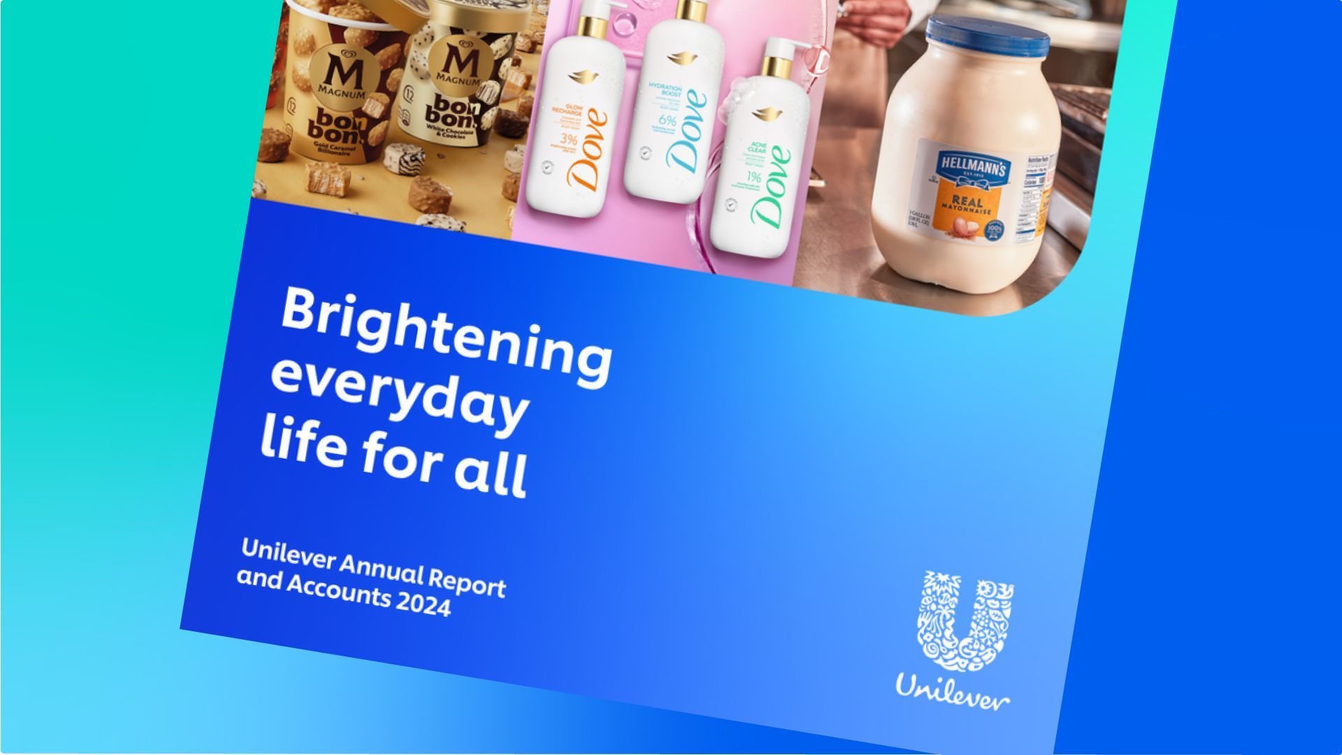 Unilever'in 2024 Yıllık Raporu ve Hesaplarının Magnum, Dove ve Hellmann's marka görsellerini gösteren kapağı