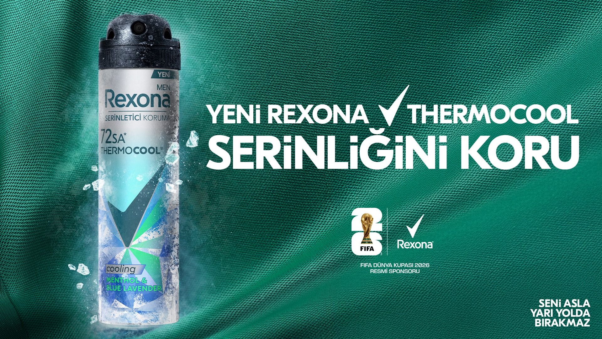 Rexona Men Thermocool deodorant kutusu, serinletici mentol ve lavanta özleriyle, arka planda ise FIFA Dünya Kupası tanıtım logosuyla birlikte.