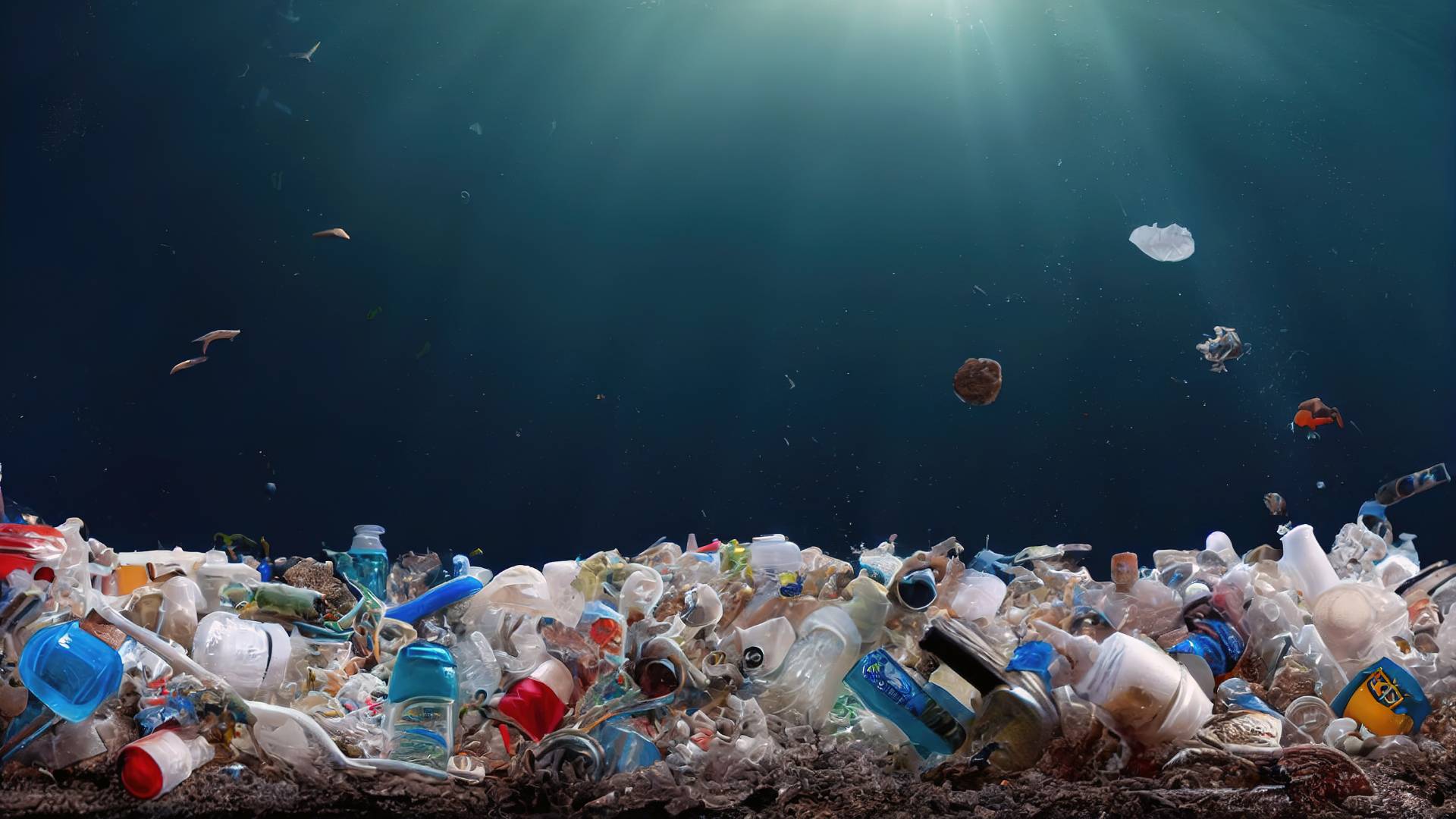 Deniz tabanında duran plastik şişe ve ambalaj yığınlarının 3D görselleştirmesi.